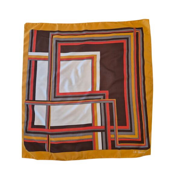 Vintage JS Germain Scarf Hand Rolled Hem 1970's Geometric Print Square Brown - Picture 1 of 8